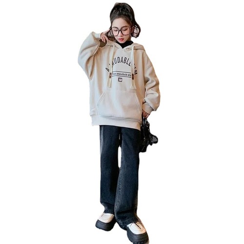 Women's Kids Korean Style Hooded Sweatshirt for Big Kids Autumn/Winter Season Trendy Fleece Lined Thick Stylish Hooded Warm Top  New