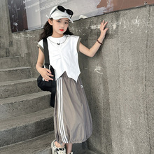 女童夏季2024新款韩版大中童不规则短袖工装阔腿半身裙两件套套装