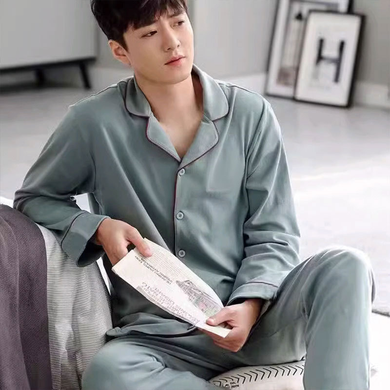 우수한 감각 청소년 남성 잠옷 하이 퀄리티 모조 면 긴 소매 카디건 홈 옷 신선한 녹색 남성 루저 세트
