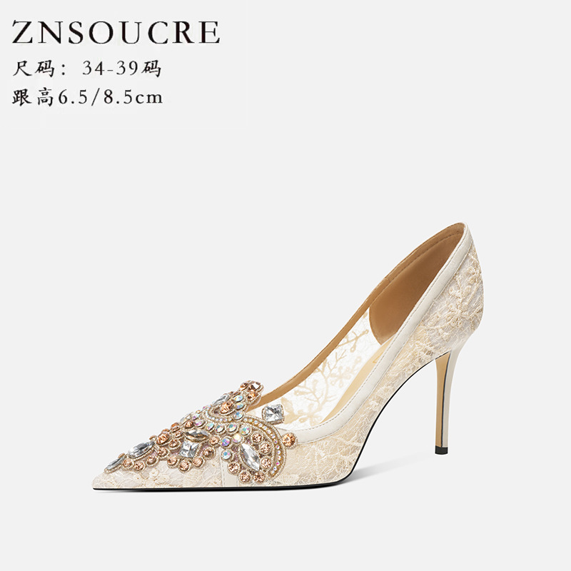 708-43 Beautiful White High Heels Women's New French Temperament Celebrity Rhinestone Pointed Main Wedding Dress Wedding Shoes