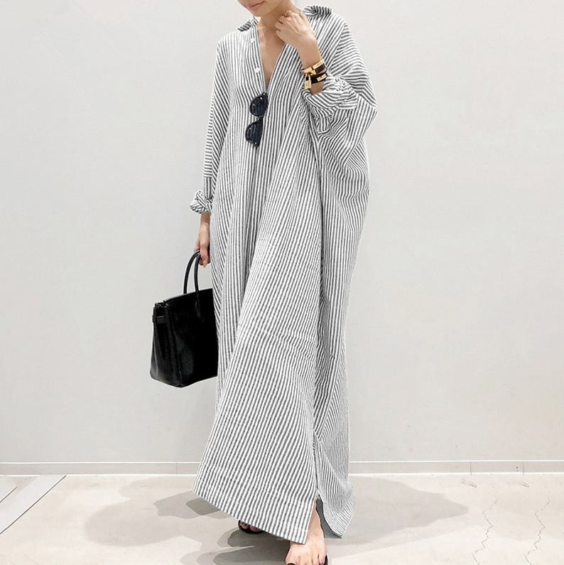 Cross-Border European And American New Plus Loose Striped Print Fashion Women's Clothing Large Size Long Dress Cardigan_ecoleips.com