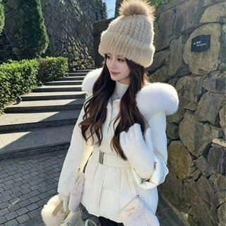 2026冬季温柔风米大毛领棉服女抽绳收腰修身短款保暖小个子外套