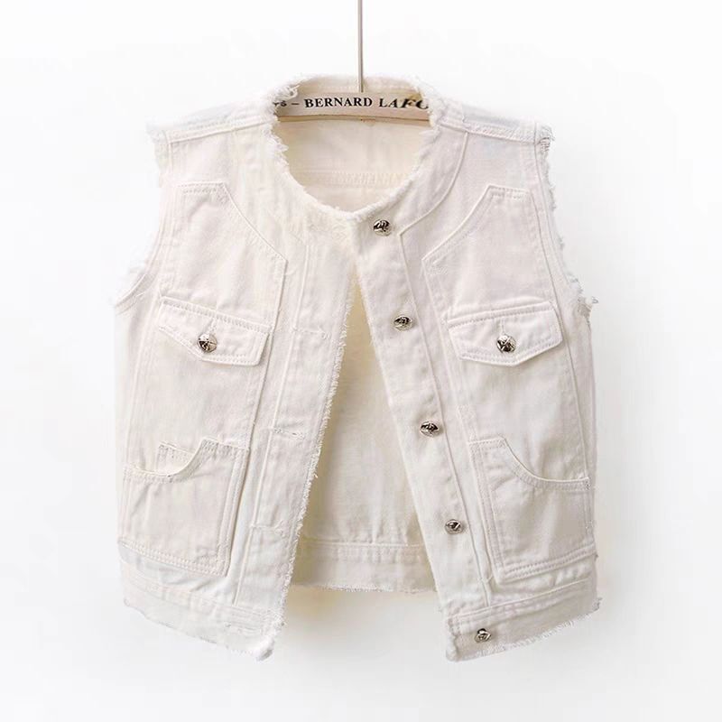 Spring and Autumn Denim Vest White New Short Sleeveless Style Jacket Vest Waistcoat Top