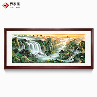 Hand-Painted Classic Chinese Landscape Painting of the Rising Sun, Flying Fortune, and a Large Waterfall, Chinese-Style Living Room Decoration Painting for Attracting Wealth