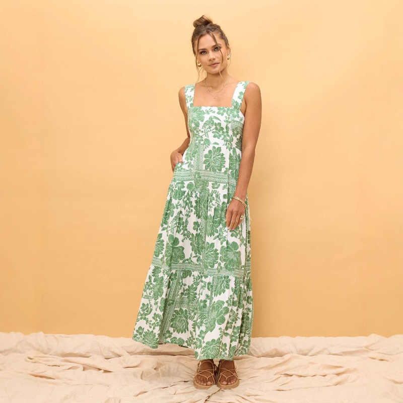 European and American Cross-border Foreign Trade Amazon Beach New High-end Long Dress Spice Girl Printed Long Sling dress Summer