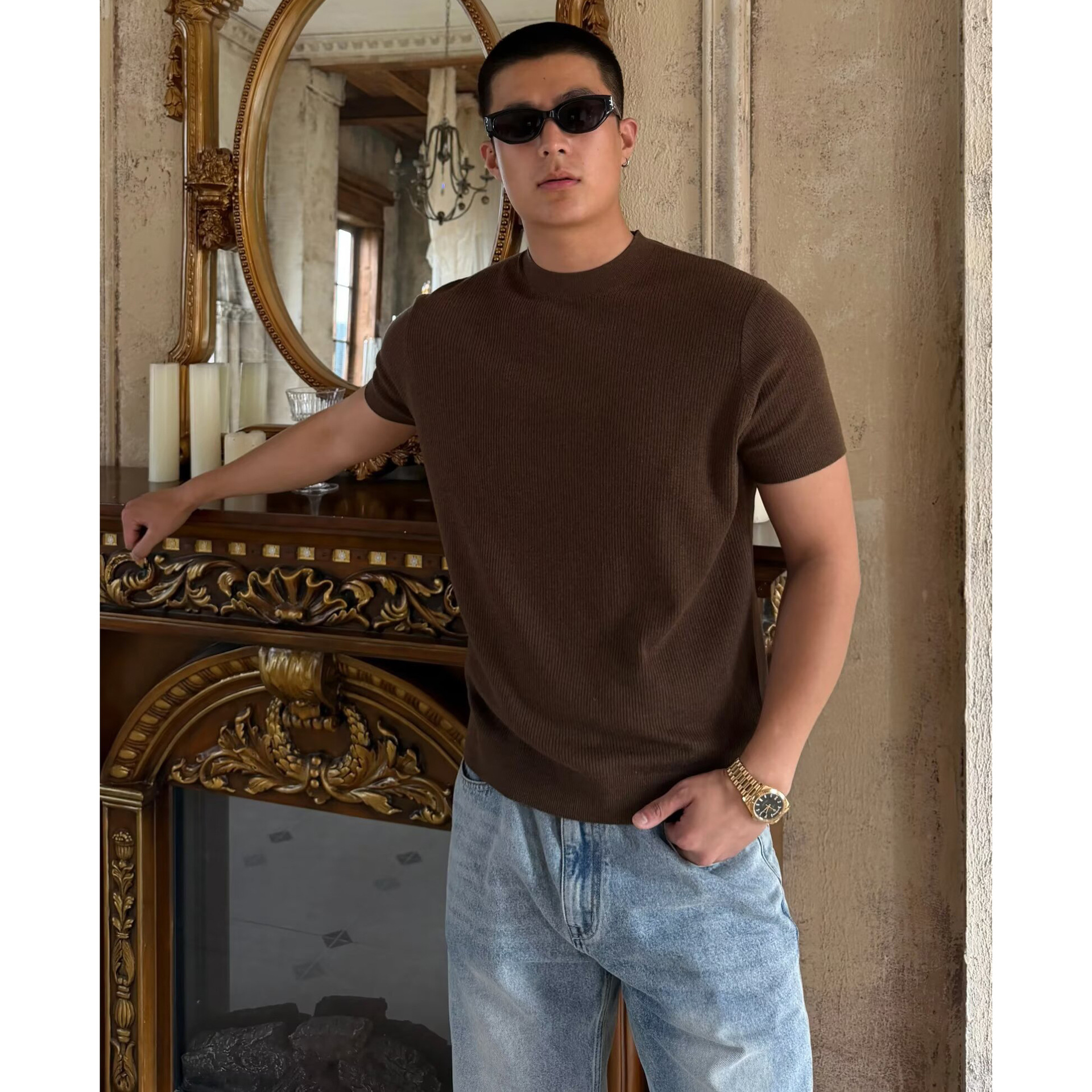 Camiseta de punto de manga corta camiseta textural hombre viejo estilo de hielo alto traje de verano de seda interior fábrica transfronteriza al por mayor