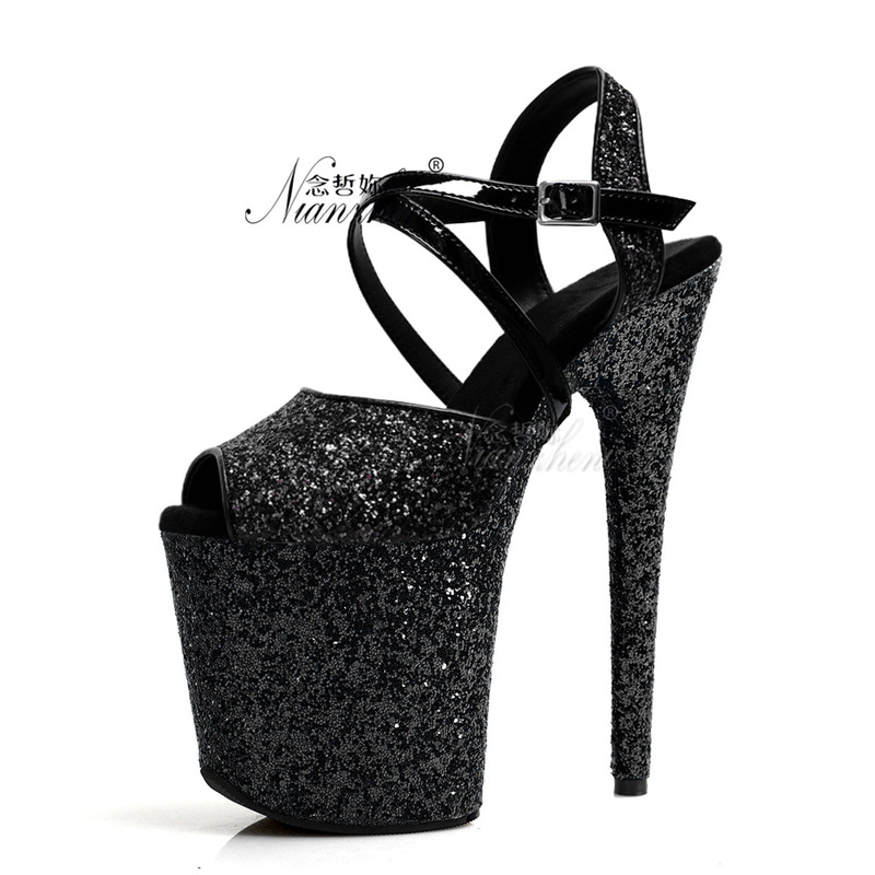 20cm Ultra High Heel Women's Sandals Sexy Thick Platform Pole Dancing Sandals Large Size Catwalk Model Shoes 8Iches Sequins