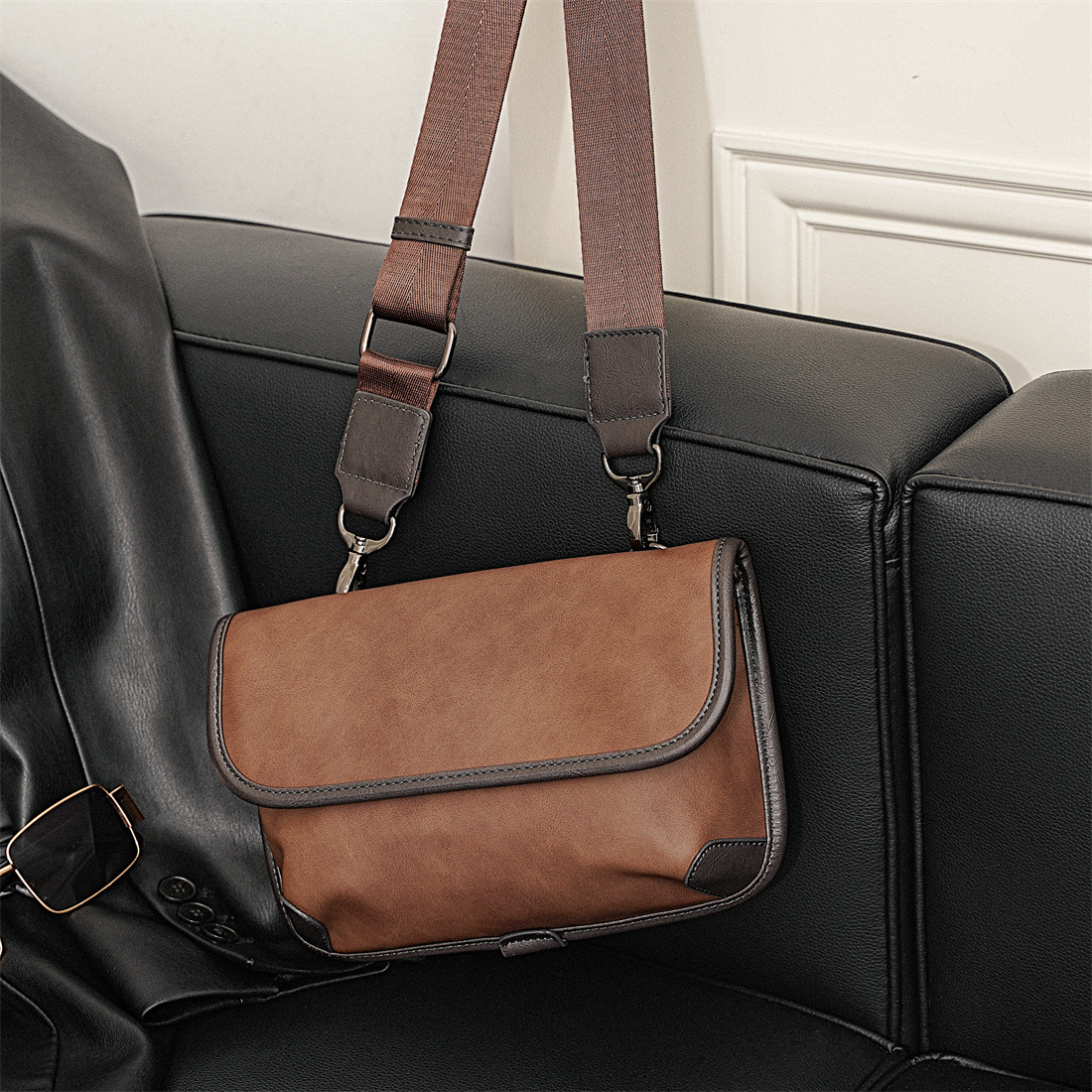 300g Weight Polyester Lining Material Weave Fashion Element Flip Cover Closure Type Sling Strap Strap Type Shoulder Bag Bags Type Casual, Daily, Shopping Occasion Pu Leather Material Plaid, Solid Color Pattern All Seasons Season Men's Gender Classic Style Style Square Shape Men's Plaid Solid Color Pu Leather Weave  Flip Cover Shoulder Bag 2
