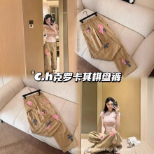 高版本~克罗伈CH高端克罗限定卡其色十字粉拼宽松拼皮街头牛仔裤