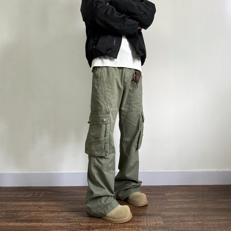 Rocktown American Deconstructed Design Multi-Pocket Straight-Leg Micro-Flared Cargo Pants Men's Washed Distressed Vibe Pants