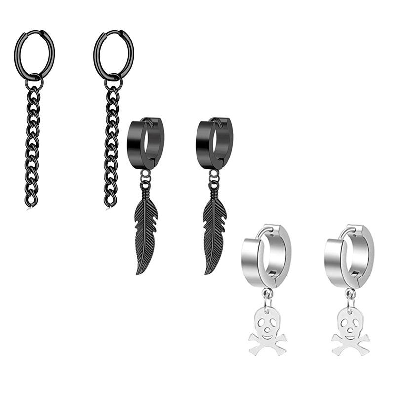 Black Men's Ear Clip Ear Stud Earrings Set 3 Pair Stainless Steel Fashion Jewelry detail image 9