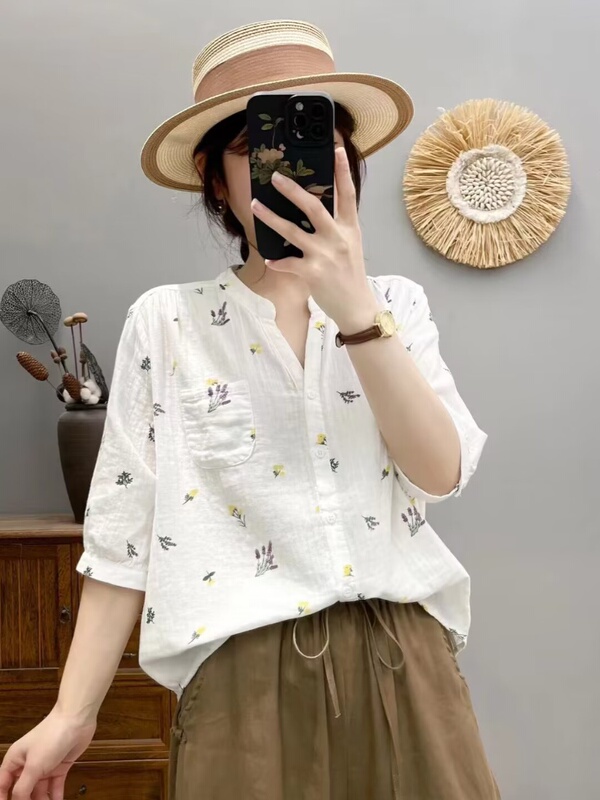 Summer Thin V-Neck Loose Pure Cotton Double-Layer Cotton Gauze Short-Sleeved Shirt for Women Casual Slimming Five-Quarter Sleeve Mid-Sleeve Shirt