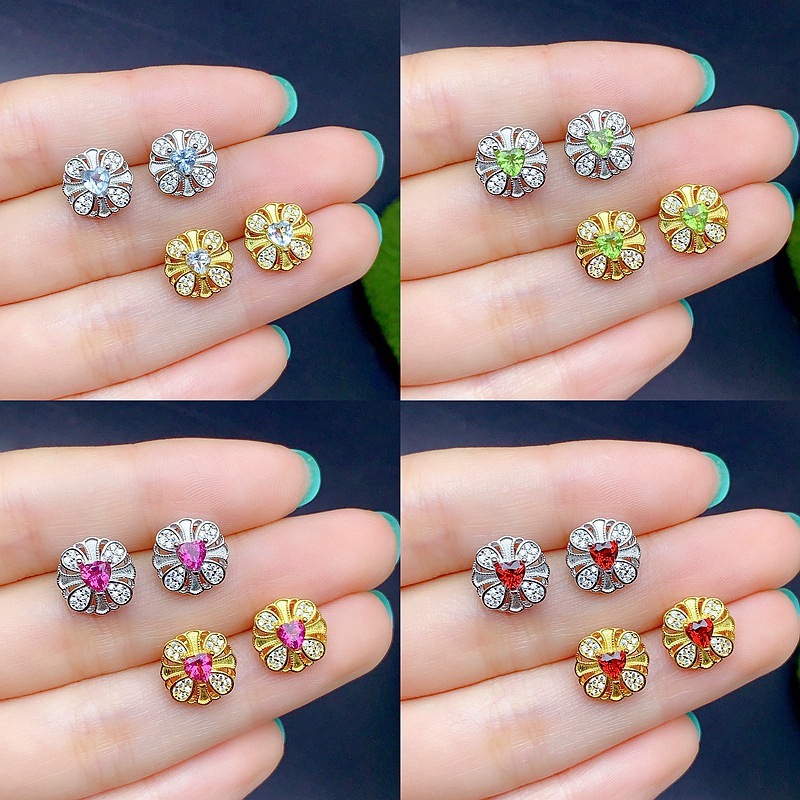 Trendy Best-Selling S925 Silver Heart-Shaped Earrings Inlaid with Natural Colored Gemstones, Exquisite Vintage Court Style, Factory Direct Sales and Wholesale