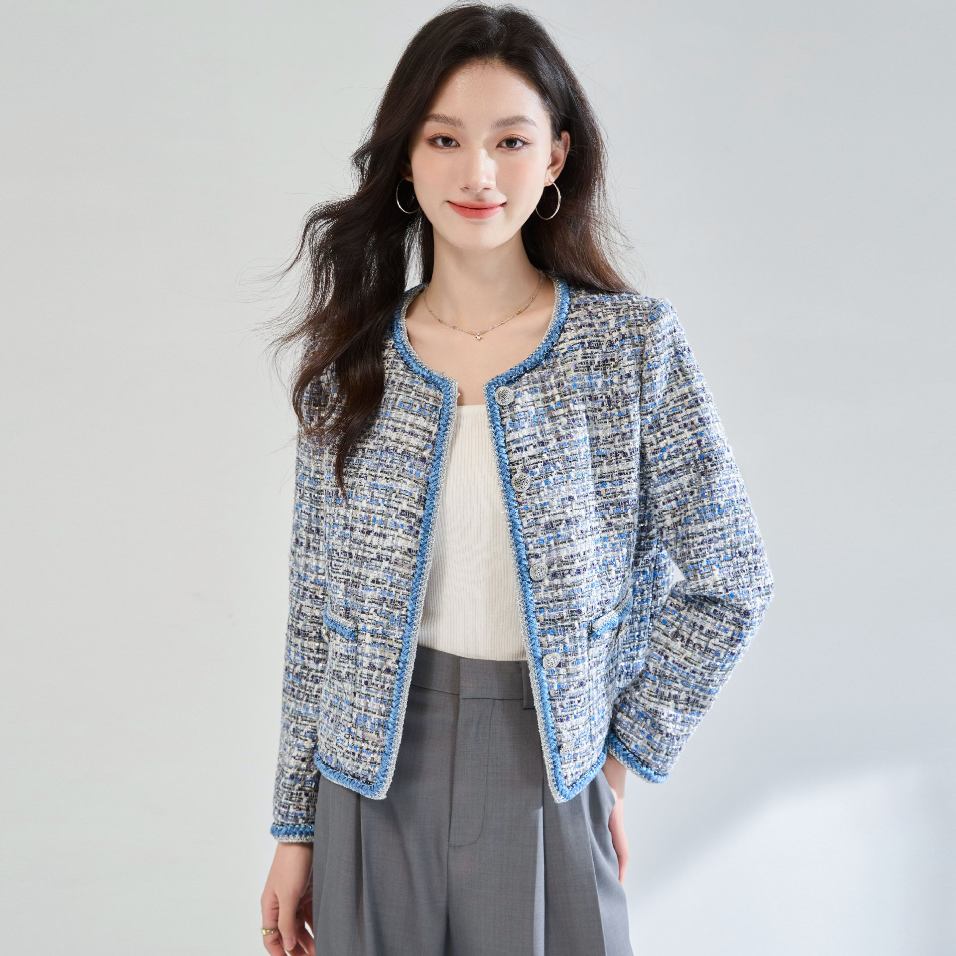 26 Spring High-End Heavy-Woven Blue Shiny Tweed Jacket with Chanel-Style Texture, Elegant Ladylike Top 25106