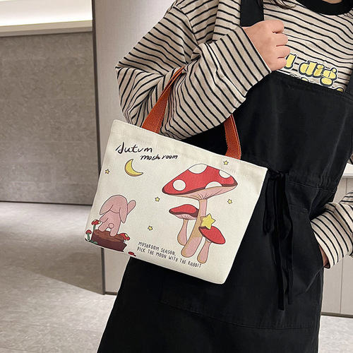 Canvas bag female cartoon printed handbag Korean style cute small shoulder bag fashion ladies bag literary casual canvas bag
