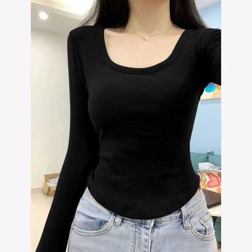 Designer Fleece Square Collar Long-Sleeve T-Shirt for Women - Spring, Autumn, Winter Layering Shirt - Uncommon Base Shirt for Trendy Girls - Slimming Top