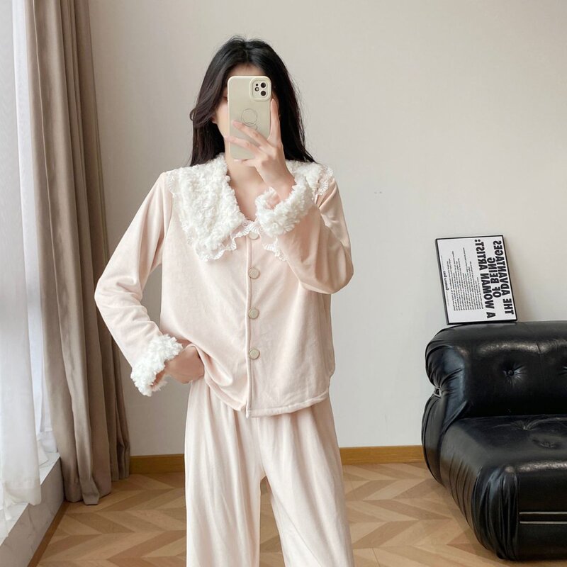 2025 Autumn and Winter New Island Velvet Pajamas Women's Sweet Princess Style Long Sleeve Thickened Double-Sided Velvet Home Clothes Set 2025 Autumn and Winter New Island Velvet Pajamas Women's Sweet Princess Style Long Sleeve Thickened Double-Sided Velvet Home Clothes Set