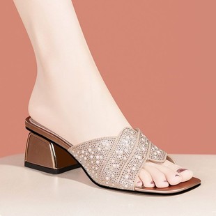 Casual Fashion Fairy Style Casual Wear Fashionable Slippers 2024 Summer Women's Thick High Heel Rhinestone Sequin Elegant Sandals