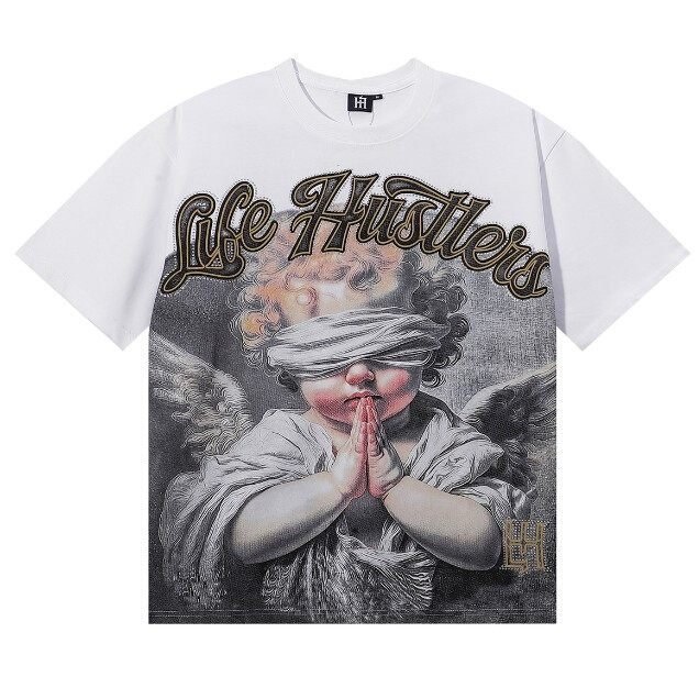 Trendy Life Hustlers Masked Angel Tattoo Print Rhinestone Lettering Unisex Loose Casual Short Sleeve T-Shirt