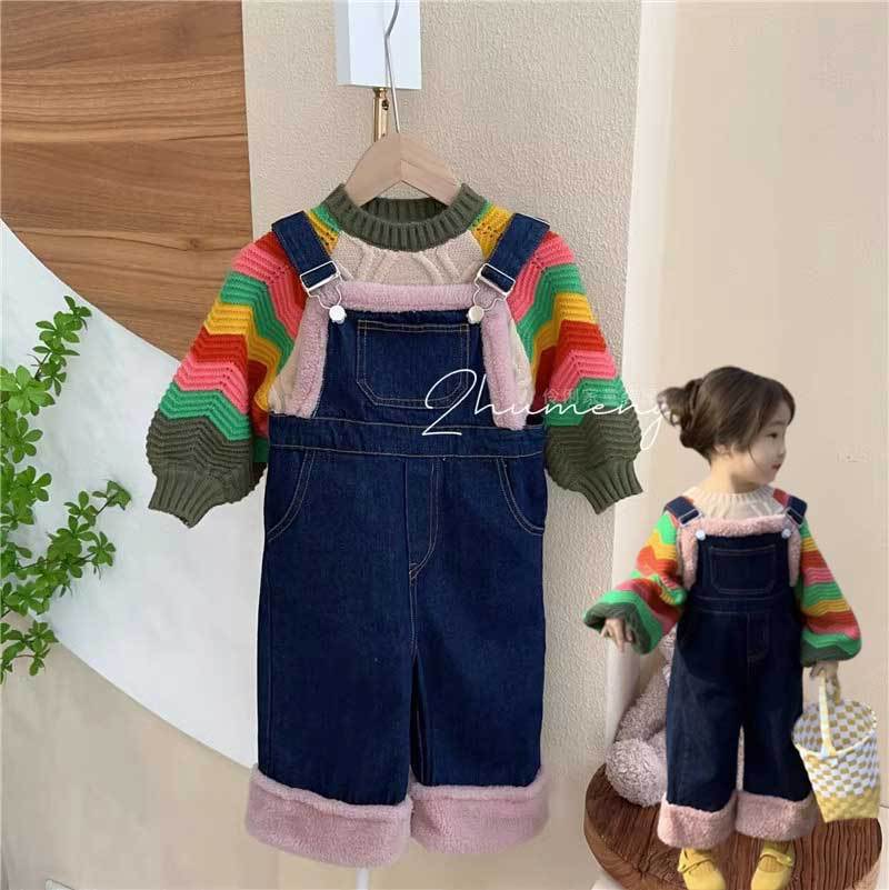 Xihong City 2023 Spring New Korean Girls' Color Block Wave Bell Sleeve Sweater Lamb Fur Denim Overalls 