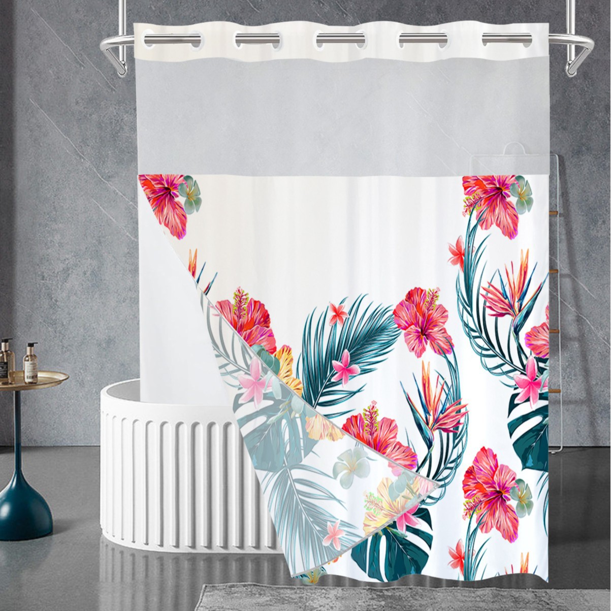 La cortina de baño impermeable con impresión digital de anillo grande de doble capa del fabricante, cortina de baño de hotel de poliéster pongee, se puede personalizar con imágenes transfronterizas