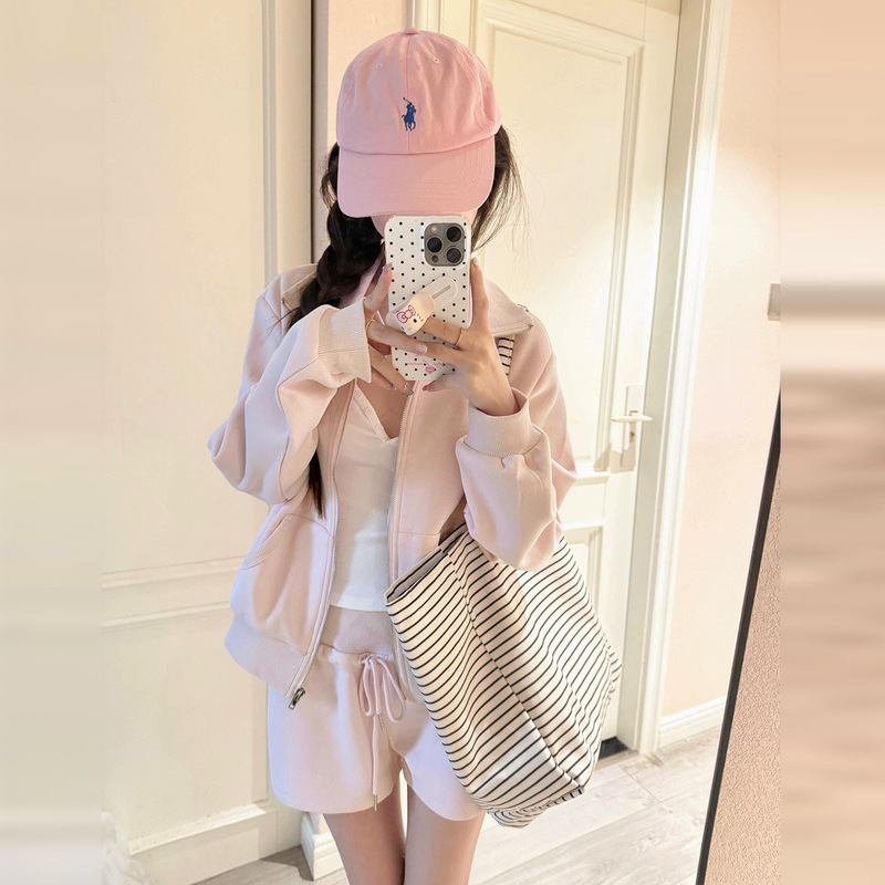 粉色休闲运动套装女早秋小个子显瘦盐系穿搭连帽卫衣短裤子两件套|undefined