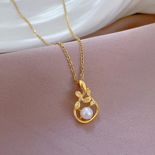 Jx [Titanium Steel] Pearl Leaf Plant Temperament Internet Celebrity Full Zirconium Necklace Women's Fashion Trend Clavicle Chain Factory