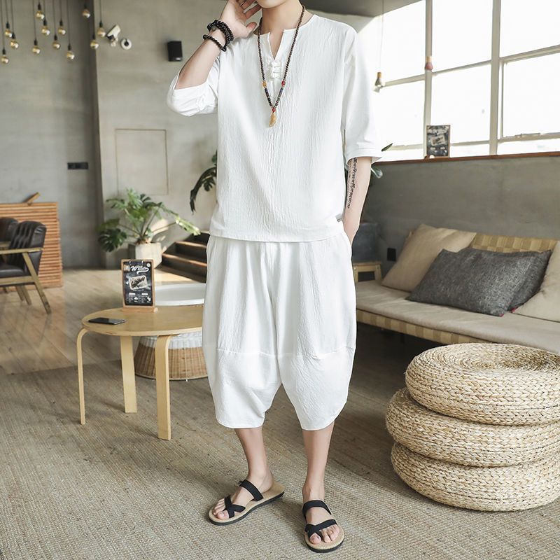 Nuevo traje de lino de verano para hombre Camiseta de estilo chino de manga corta de dos piezas de gran tamaño pantalones recortados sueltos para hombre