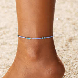 跨境法式复古西洋宫廷风极细蓝色铜珠串珠脚链简约铜珠脚环脚饰