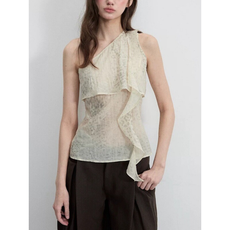 Fr11 New Leopard Print Textured One-Shoulder Vest with Ribbon and Ruffle Details Fr11 New Leopard Print Textured One-Shoulder Vest with Ribbon and Ruffle Details