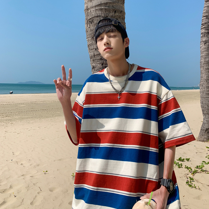 Striped short sleeve men's Japanese retro summer 200g heavyweight T-shirt small neckline tide brand ice silk ootd half sleeve Striped short sleeve men's Japanese retro summer 200g heavyweight T-shirt small neckline tide brand ice silk ootd half sleeve