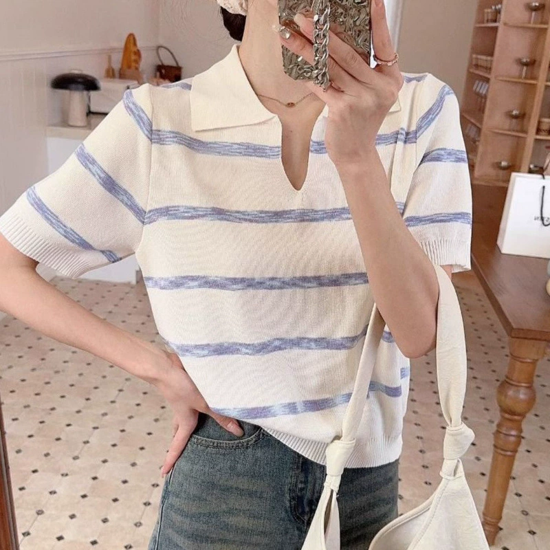 80-200 кг большой размер женская полосатая рубашка поло летом новый трикотаж с лацканом и короткими рукавами тонкий ледяной шелковый топ