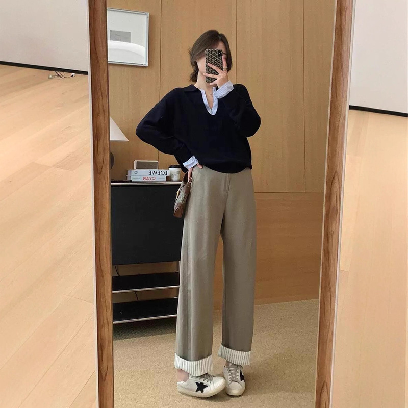 松弛感时髦撞色假两件拼接条纹针织衫女秋冬季设计感宽松V领上衣|undefined
