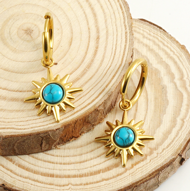 304 Stainless Steel Ear Needle Material 18K Gold Plated Plating Material December Birthstone Turquoise Inlay Material 1 Pair Fashion Sun Plating Inlay 304 Stainless Steel Turquoise 18K Gold Plated Stainless Steel Earrings