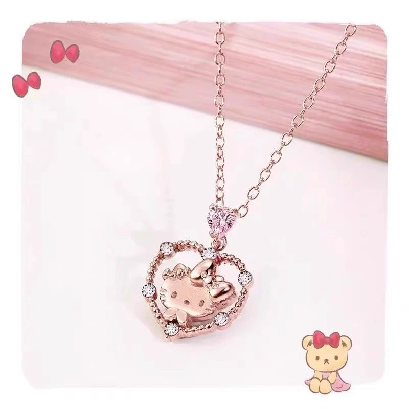 Подвеска-ожерелье Sanrio Hello Kitty, сердечный кулон с бриллиантами, милый мультяшный дизайн
