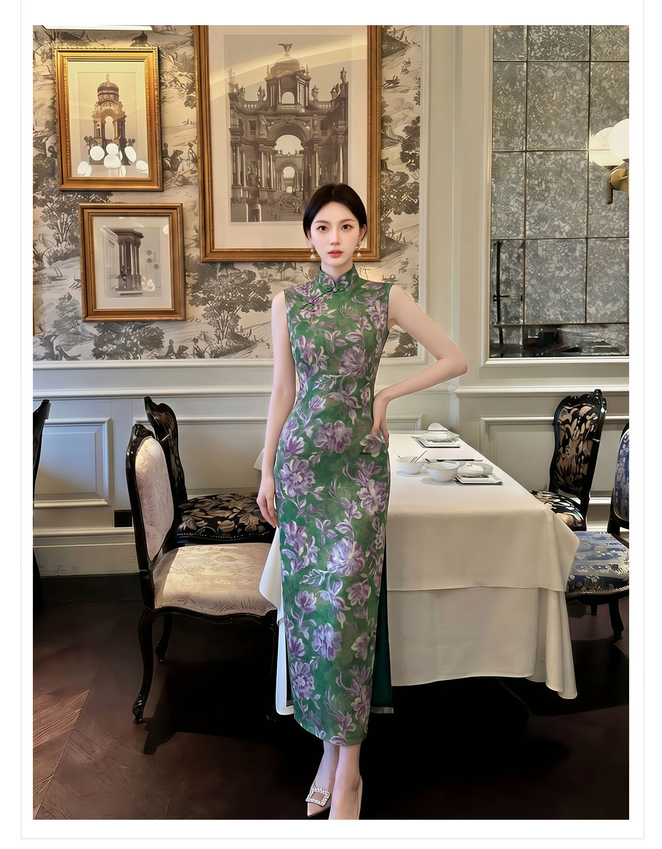 Đầm ôm body nữ dài tay in họa tiết hoa xanh cổ điển — xanh lá cây chi tiết 11