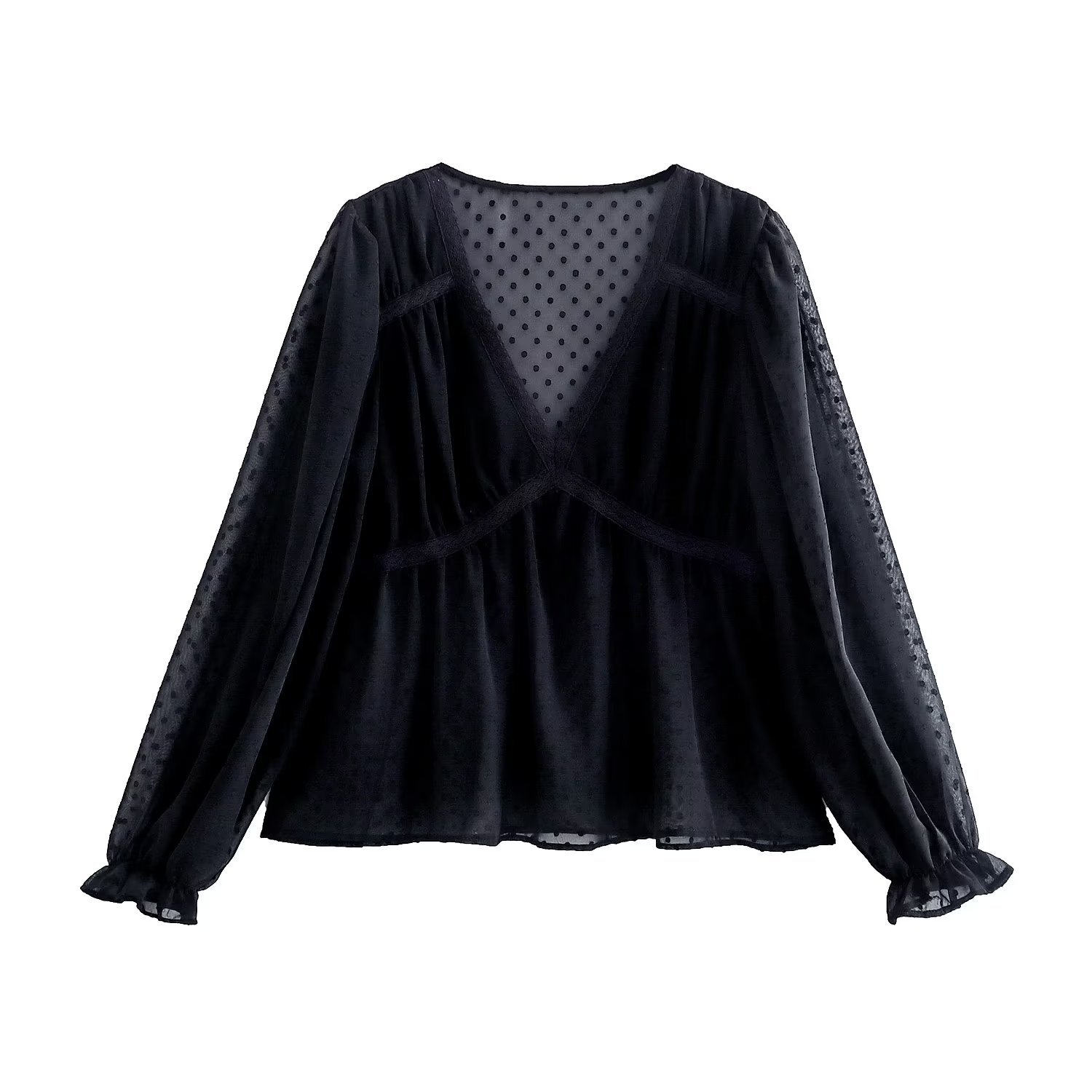 solid color V-neck long sleeve chiffon jacquard pullover top NSAM136044