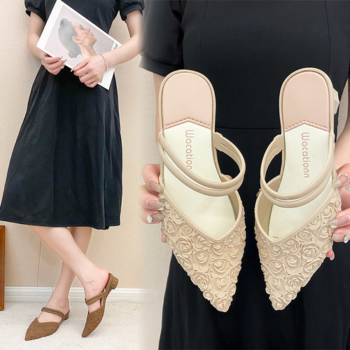 Spring and Autumn Thick Heel Waterproof Casual Slip-On Shoes, Two-Wear Medium Heel Plastic Women's Summer Non-Slip Fashion Fashionista Outer Wear Pointed Toe