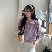 女装娃娃领五分袖雪纺上衣碎花新款短袖衬衫女学生潮宽松韩版2025