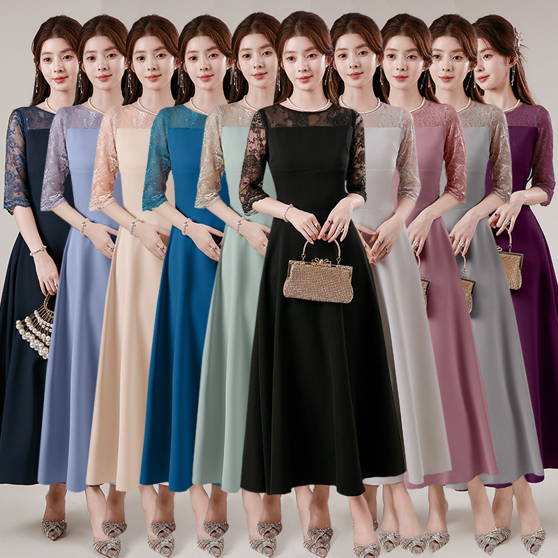 Cross-Border Lace Foreign Trade Dress 2026 Spring New French Style Mid-Sleeve Casual Everyday Wear Simple Annual Meeting Evening Dress