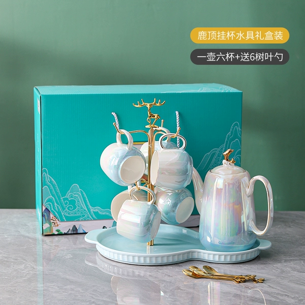 1 pot, 6 cups - deer top hanging cup tray - [gradient blue] + free 6 leaf spoons [gift box]