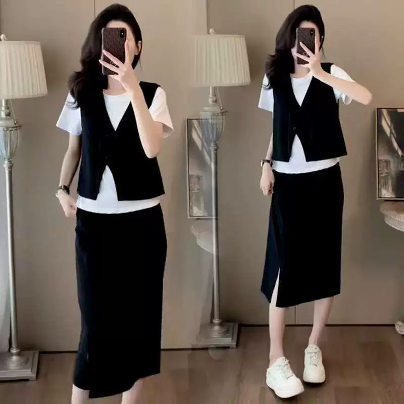 Футболка с коротким рукавом, модный летний комплект 2025 года, модный женский трехкомпонентный новый элегантный костюм с юбкой-слип