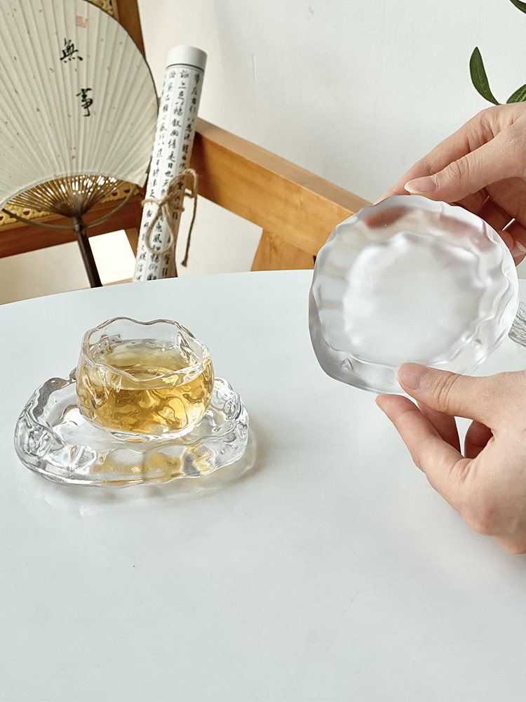 VD0A新中式茶馆品茗杯碟套装磨砂玻璃小茶杯主人杯子单只建盏工夫
