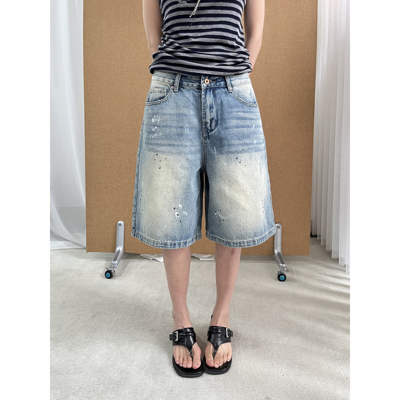 See 3L Summer New Style Washed Splash-Ink High-Waisted Loose Straight-Leg Slimming Five-Point Jeans for Women Ss525