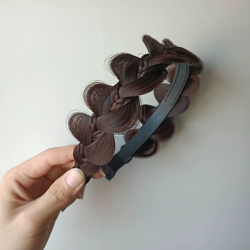 handmade wig headband with pigtail, scalloped hair accessory, matte silk, Ø≈15 cm