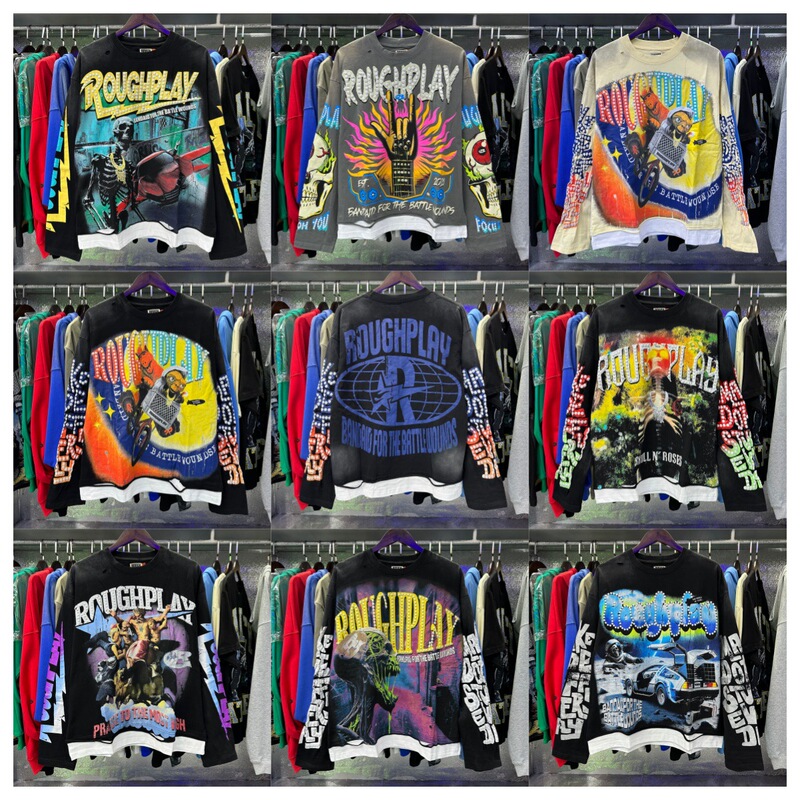 Roughplay Long-Sleeved Cross-Border Full-Print Graffiti Printed Long t Splicing Heavy Washed Distressed Tops for Men and Women Roughplay Long-Sleeved Cross-Border Full-Print Graffiti Printed Long t Splicing Heavy Washed Distressed Tops for Men and Women