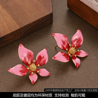 法式温柔气质滴油彩绘珐琅釉五瓣花耳钉耳环轻奢高级感小香风耳饰