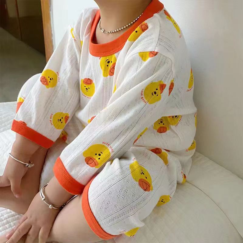 Summer baby loungewear, thin pure cotton three-quarter sleeve air-conditioned clothing, children's pajamas, boys' and girls' short-sleeved sets