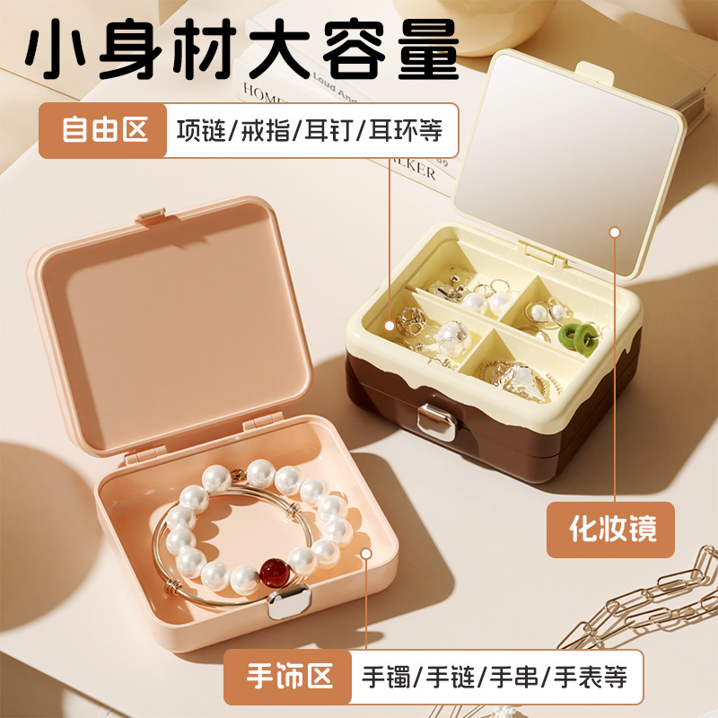 Caja de almacenamiento de joyas con espejo de maquillaje pernos de orejas anillo de almacenamiento portátil exquisita mini caja de joyas multicapa para el hogar