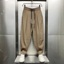 2025秋季新款棉麻超薄透气垂感休闲裤男士潮流宽松褶皱哈伦萝卜裤